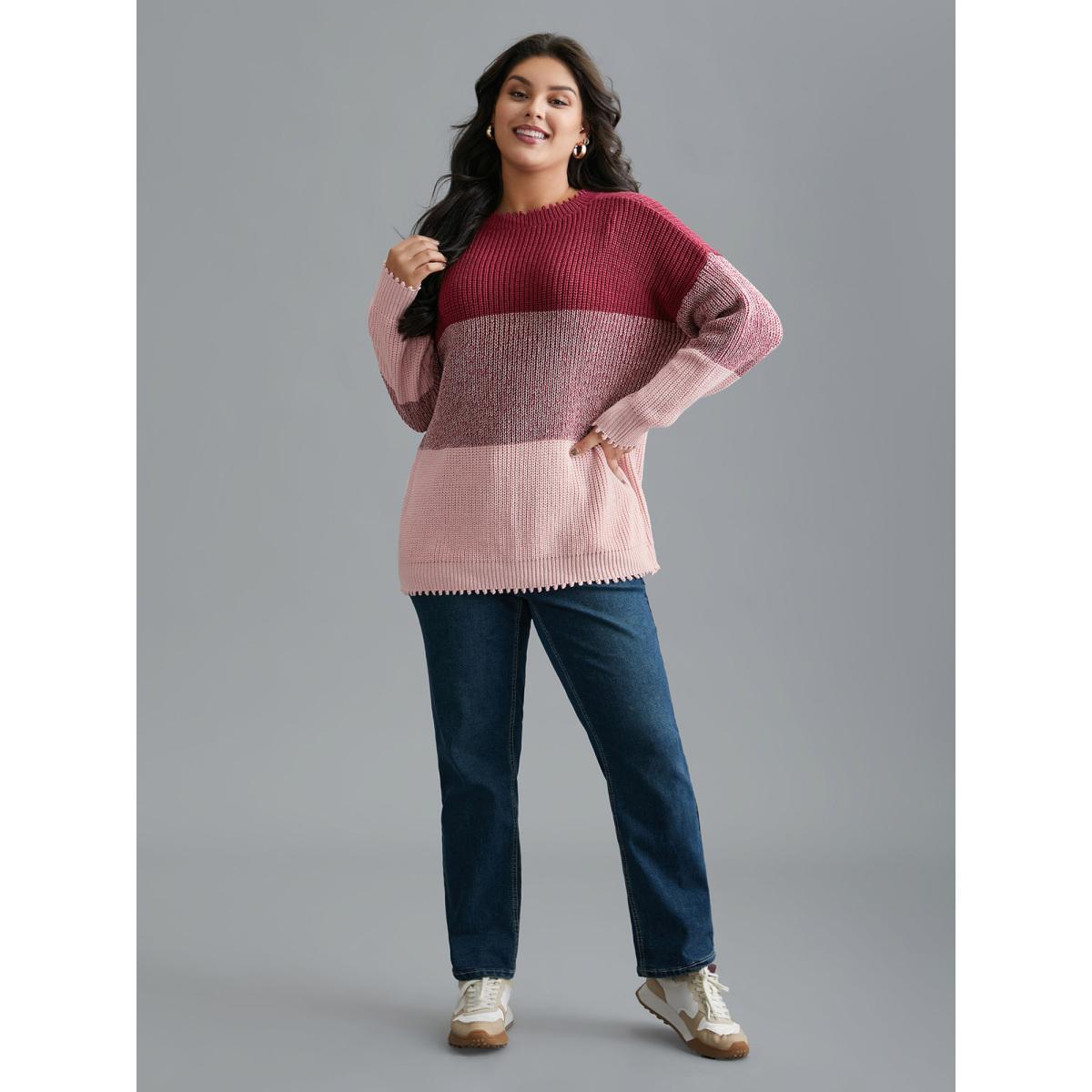 Plus Size Color Block Texture Round Neck Pullover Rosered Women Casual Loose Long Sleeve Round Neck Everyday Pullovers BloomChic 28/5X Product Image