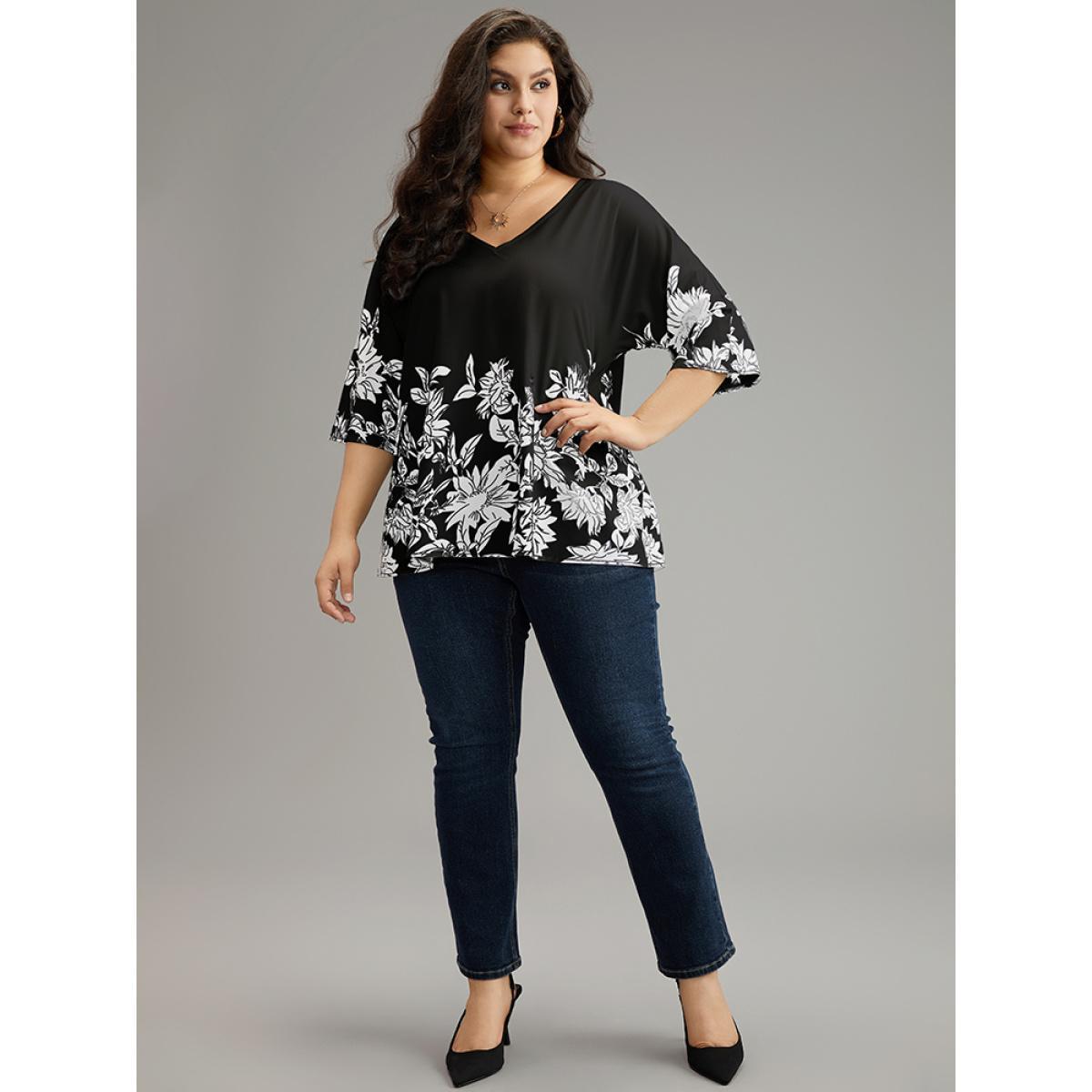 Plus Size Black Boho Print V Neck Cut Out Blouse Women Elegant Elbow-length sleeve V-neck Dailywear Blouses BloomChic 22-24/3X Product Image