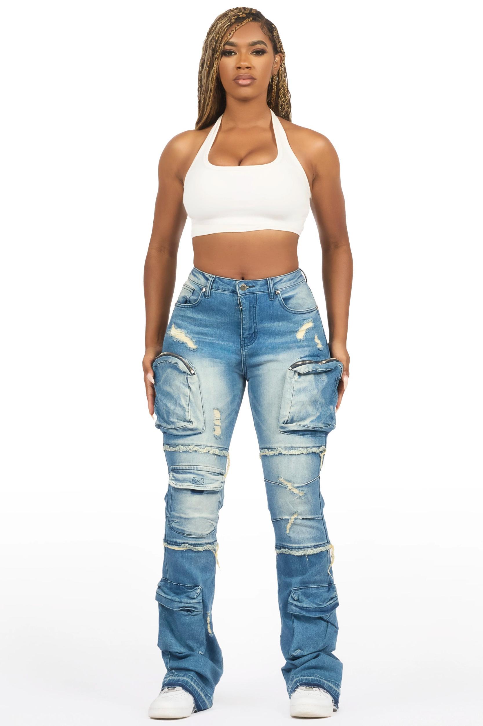 Toniesha Dirty Blue Wash Stacked Flare Jean Female Product Image