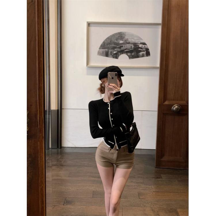 Contrast Trim Button-Up Crop Cardigan Product Image