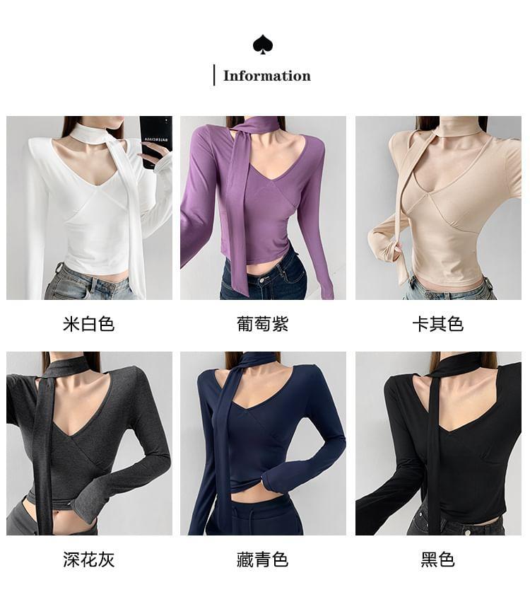Long-Sleeve V-Neck Crop Top with Sash in 6 Colors Product Image