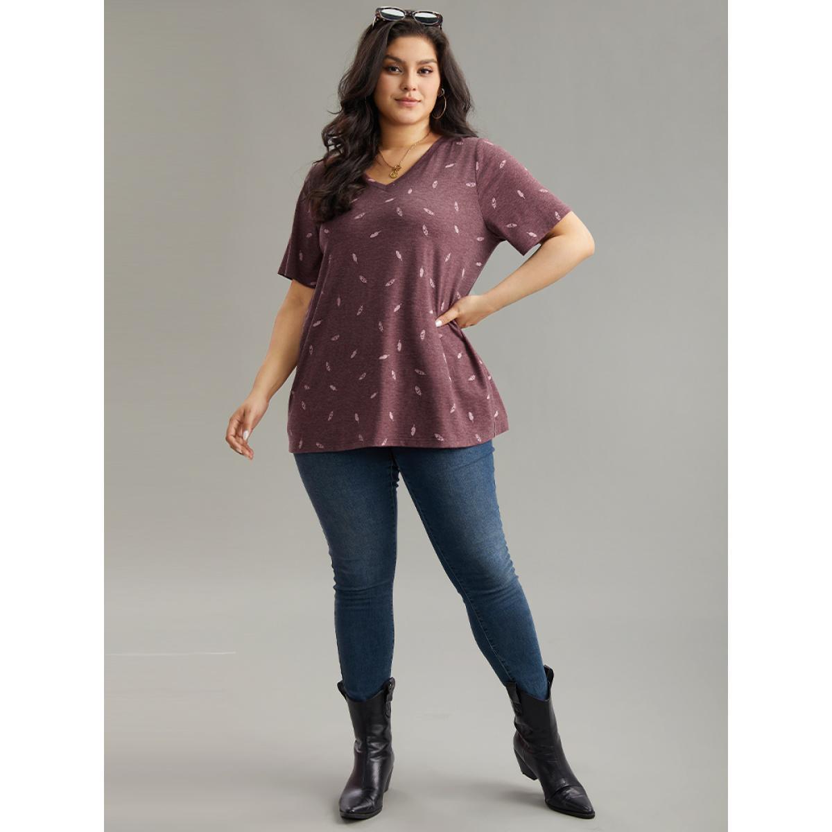 Plus Size Feather Print V Neck T-shirt Scarlet Women Casual Printed Feather V-neck Dailywear T-shirts BloomChic 22-24/3X Product Image