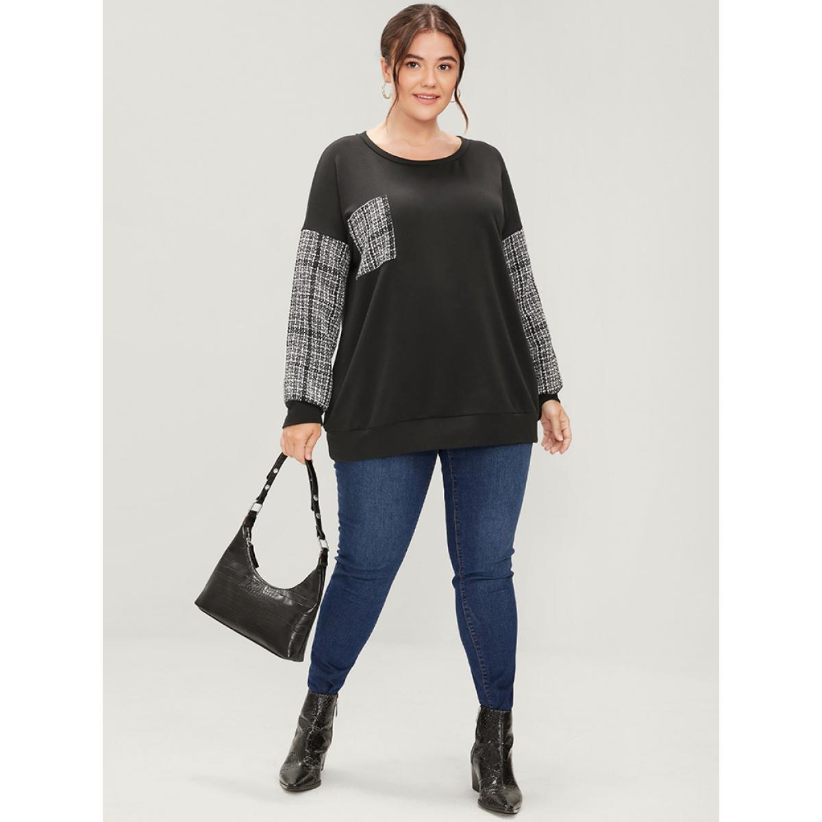 Plus Size Colorblock Contrast Pocket Raw Trim Drop Shoulder Sweatshirt Women Black Casual Patchwork Round Neck Dailywear Sweatshirts BloomChic 18-20/2X Product Image