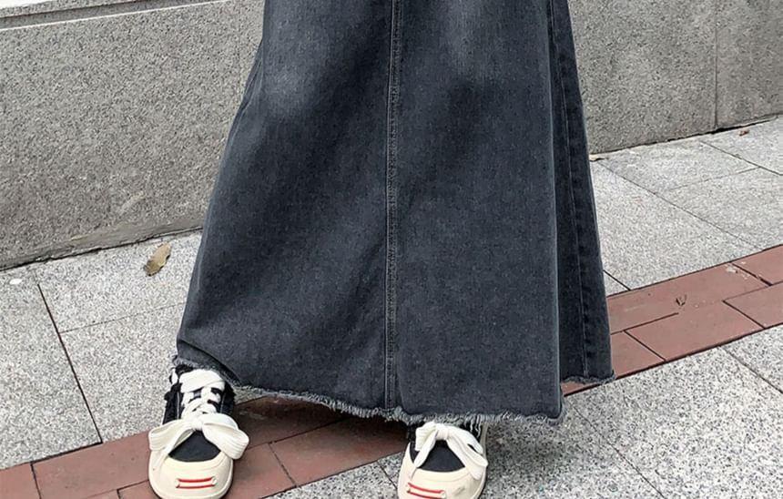 High Rise Washed Denim Maxi A-Line Skirt Product Image