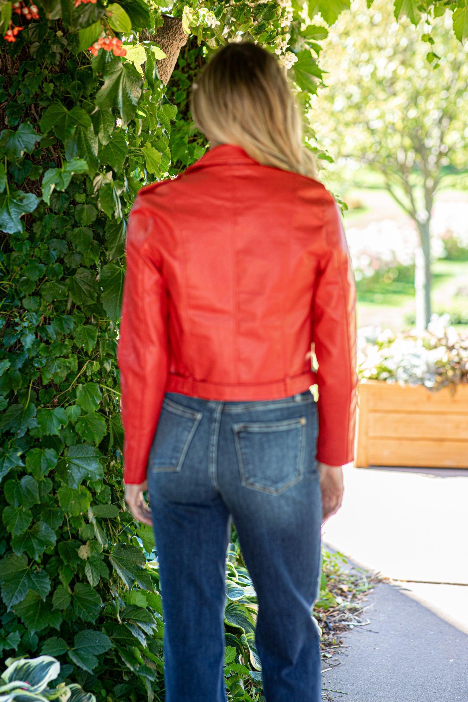 Red Faux Leather Moto Jacket Product Image