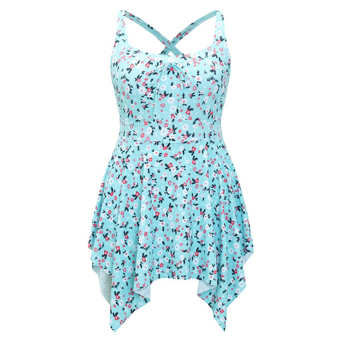 Plus Size Ditsy Floral Knot Front Crossover Hanky Hem Swim Dress Women's Swimwear Turquoise Vacation Bodycon Round Neck High stretch Curve Swim Dresses BloomChic 12/L Product Image