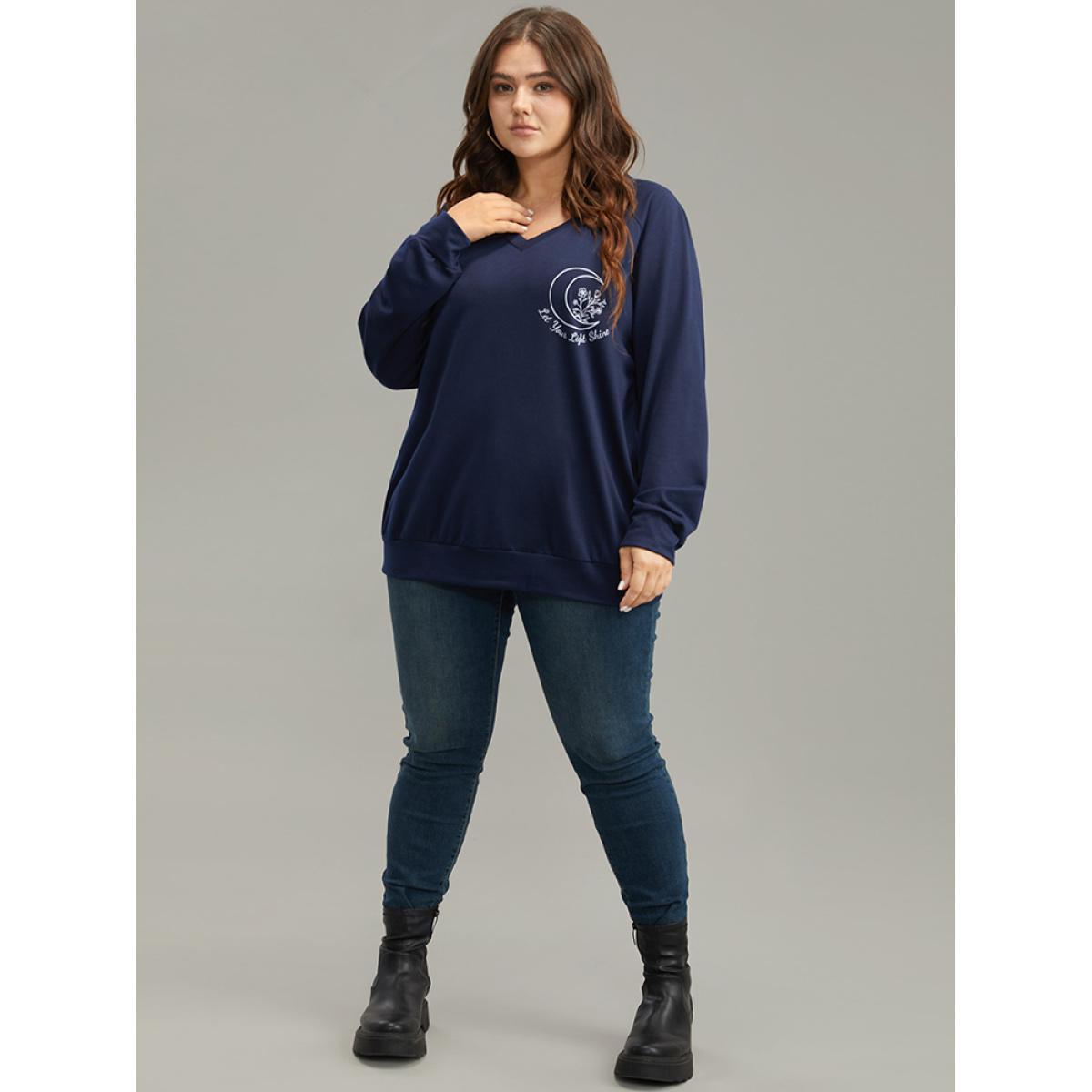 Plus Size Moon Print V Neck Raglan Sleeve Sweatshirt Women Indigo Casual Elastic cuffs Dailywear Sweatshirts BloomChic 22-24/3X Product Image