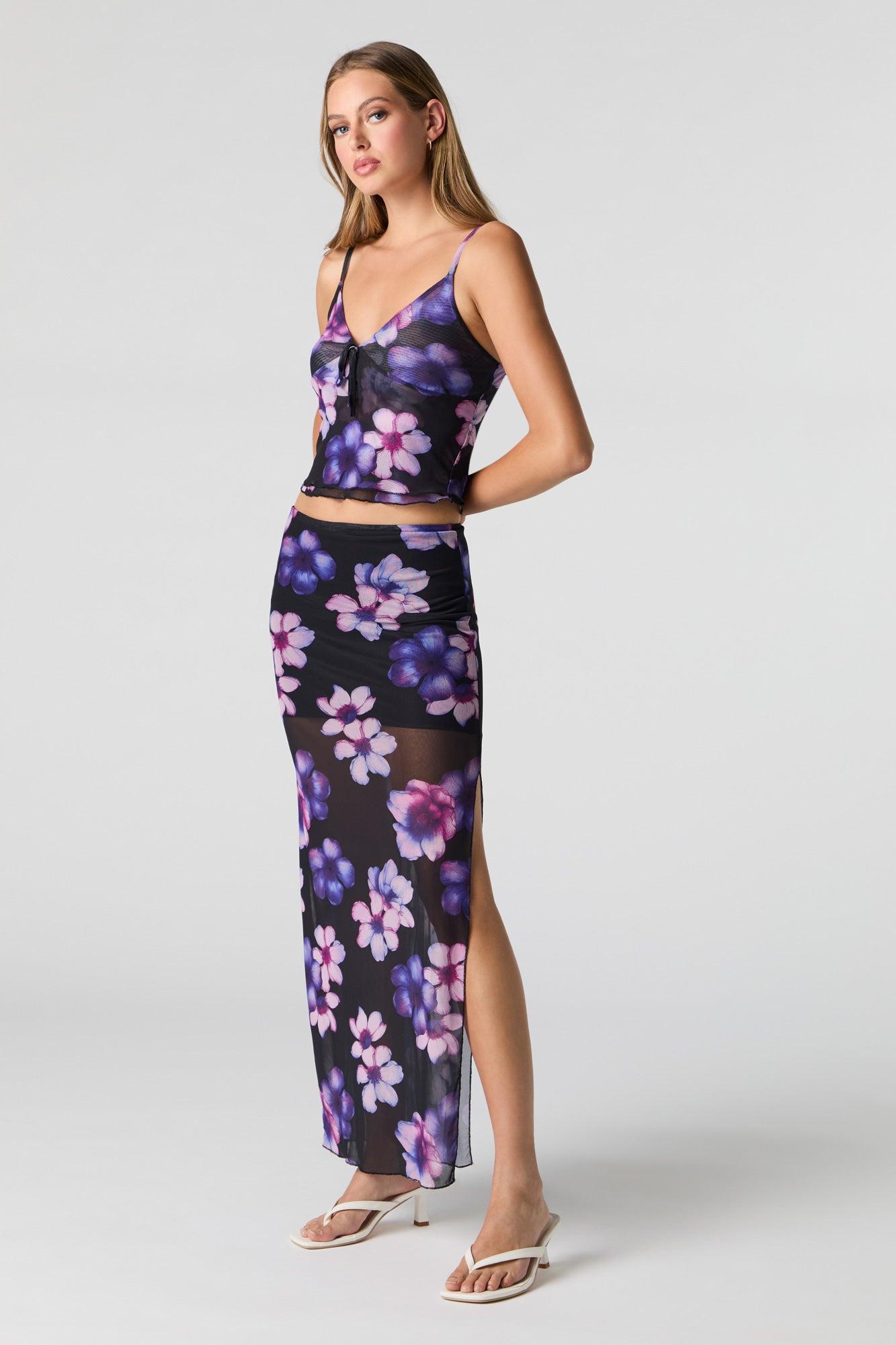 Floral Mesh Slit Maxi Skirt Female Product Image