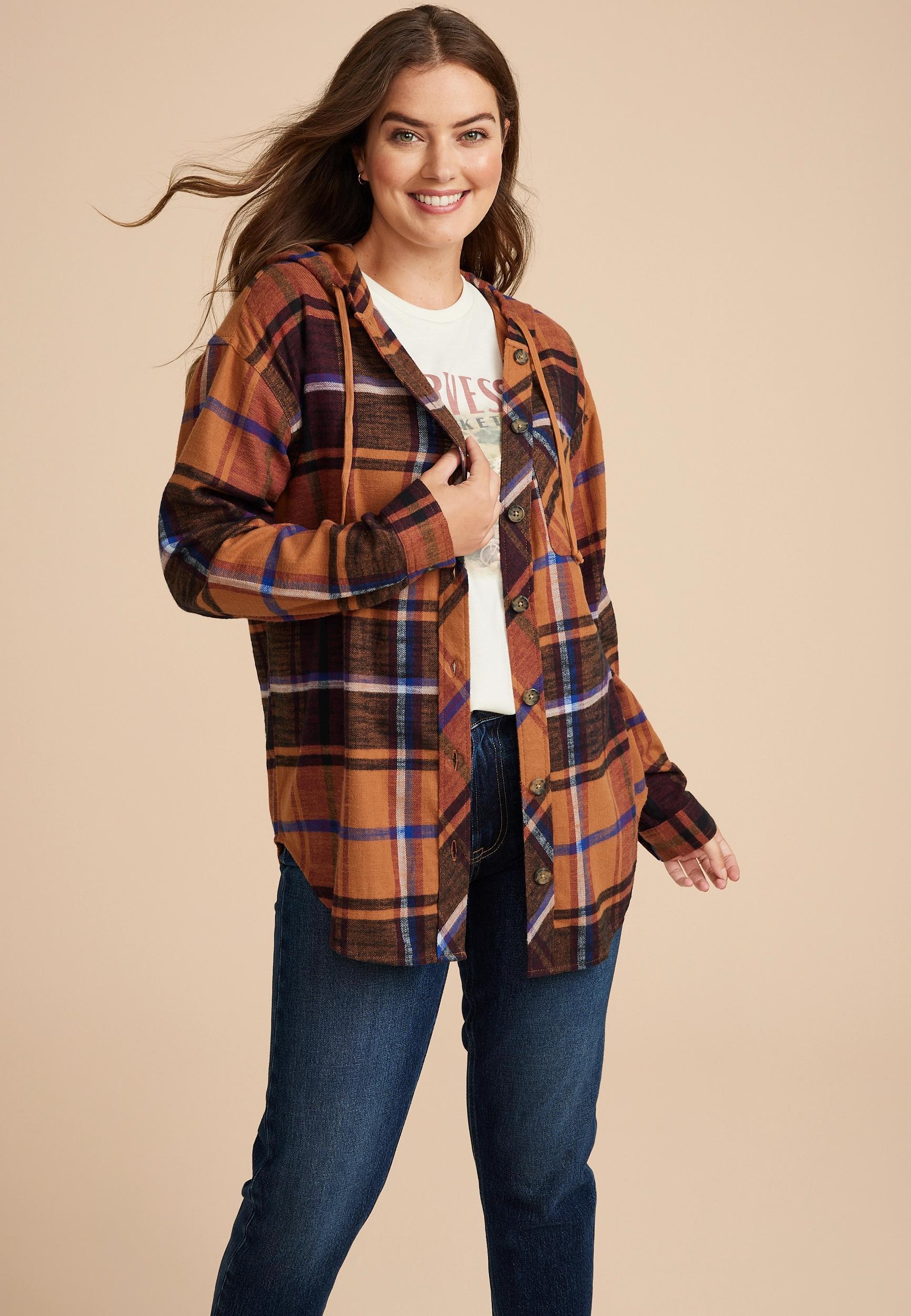 Maurices Womens Cabin Plaid Boyfriend Hooded Button Down Shirt Brown Size X Small Product Image