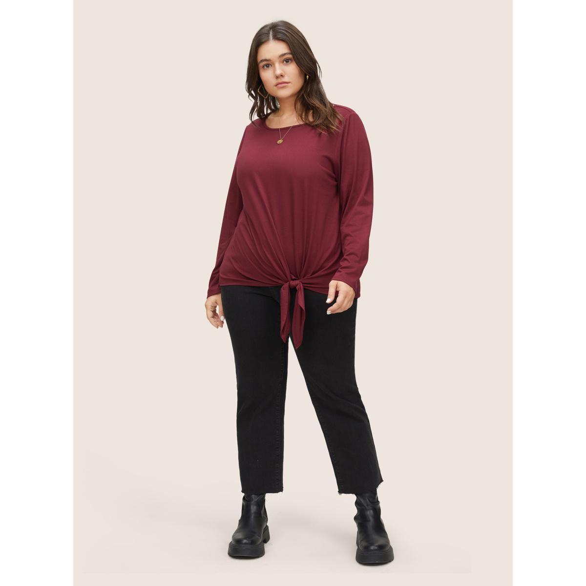 Plus Size Plain Crew Neck Ties T-shirt Burgundy Women Casual Non Plain Round Neck Everyday T-shirts BloomChic 12/L Product Image