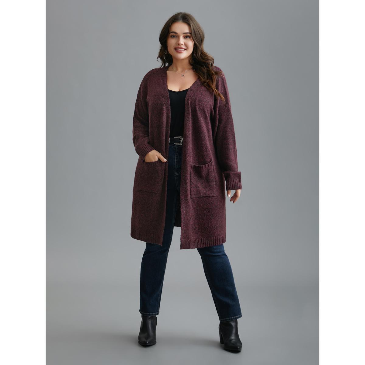 Plus Size Solid Patch Pocket Long Knit Cardigan Deepred Women Casual Loose Long Sleeve Everyday Cardigans BloomChic 12/L Product Image