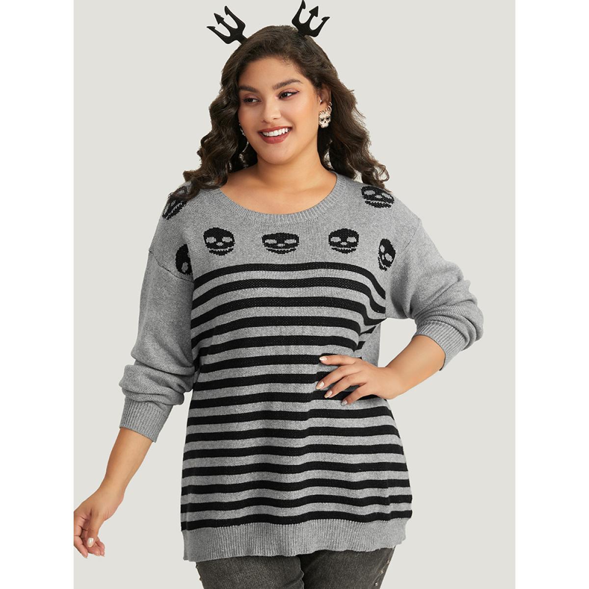 Plus Size Halloween Supersoft Essentials Skull Print Striped Round Neck Pullover DarkGray Women Casual Long Sleeve Round Neck Festival-Halloween Pullovers BloomChic 10/M Product Image