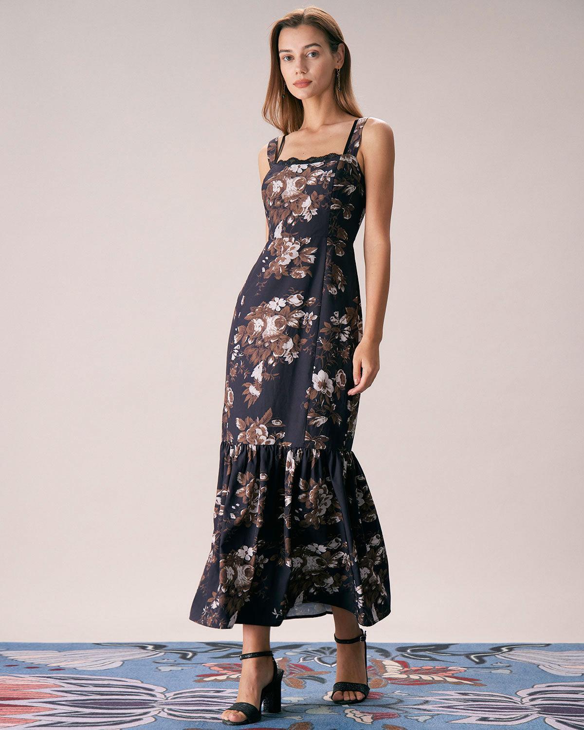The Black Lace Trim Floral Mermaid Maxi Dress Product Image