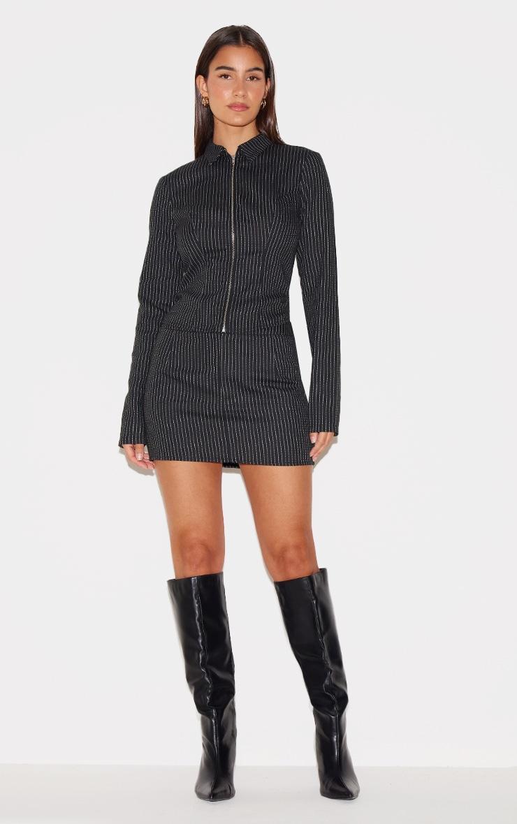 Black Woven Tailored Pinstripe Ruched Zip Up Top Product Image