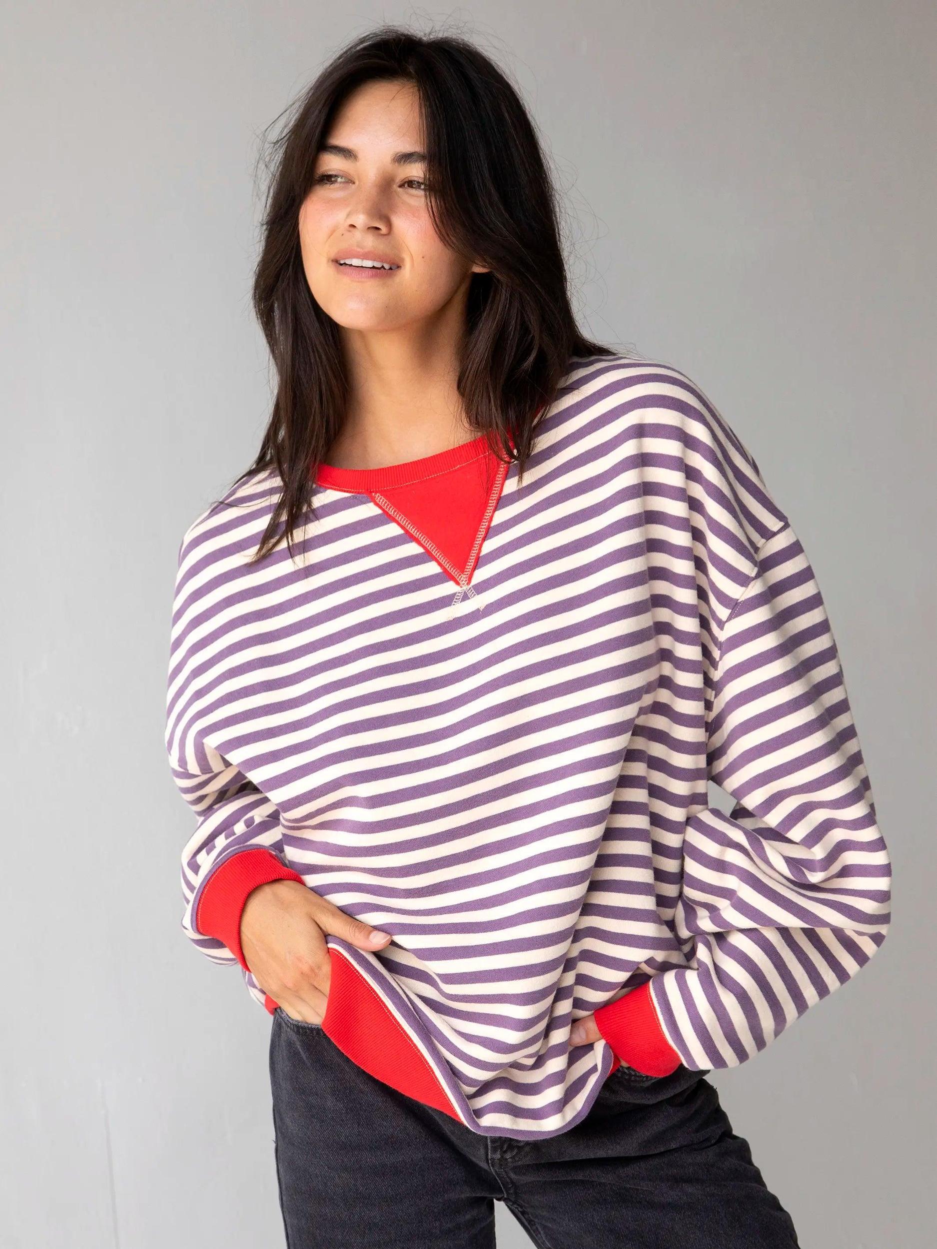 Oversized Striped Sweatshirt - Cream Purple Stripes Product Image