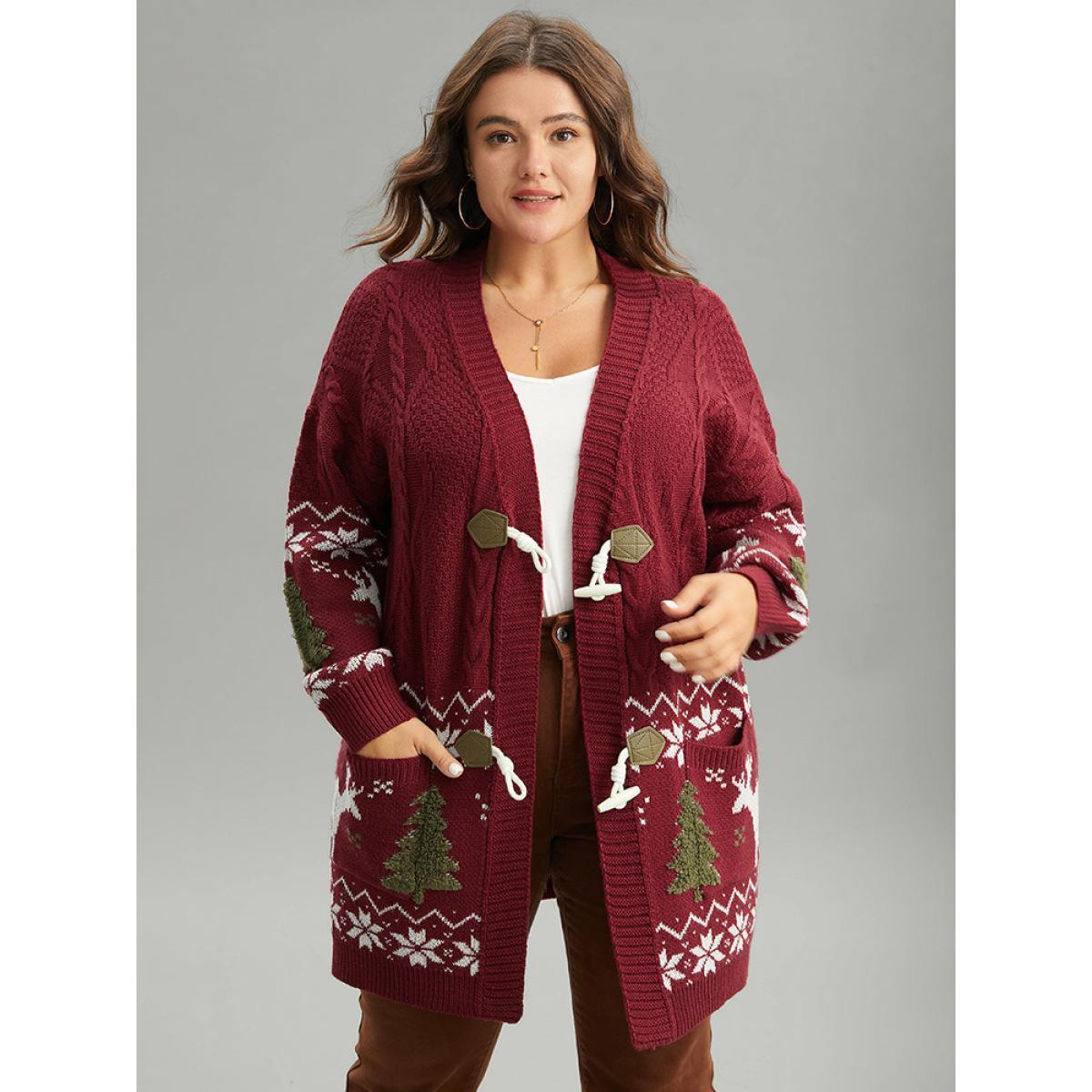 Plus Size Christmas Duffle Button Cable Knit Pocket Cardigan Scarlet Women Casual Loose Long Sleeve Festival-Halloween Cardigans BloomChic 12/L Product Image