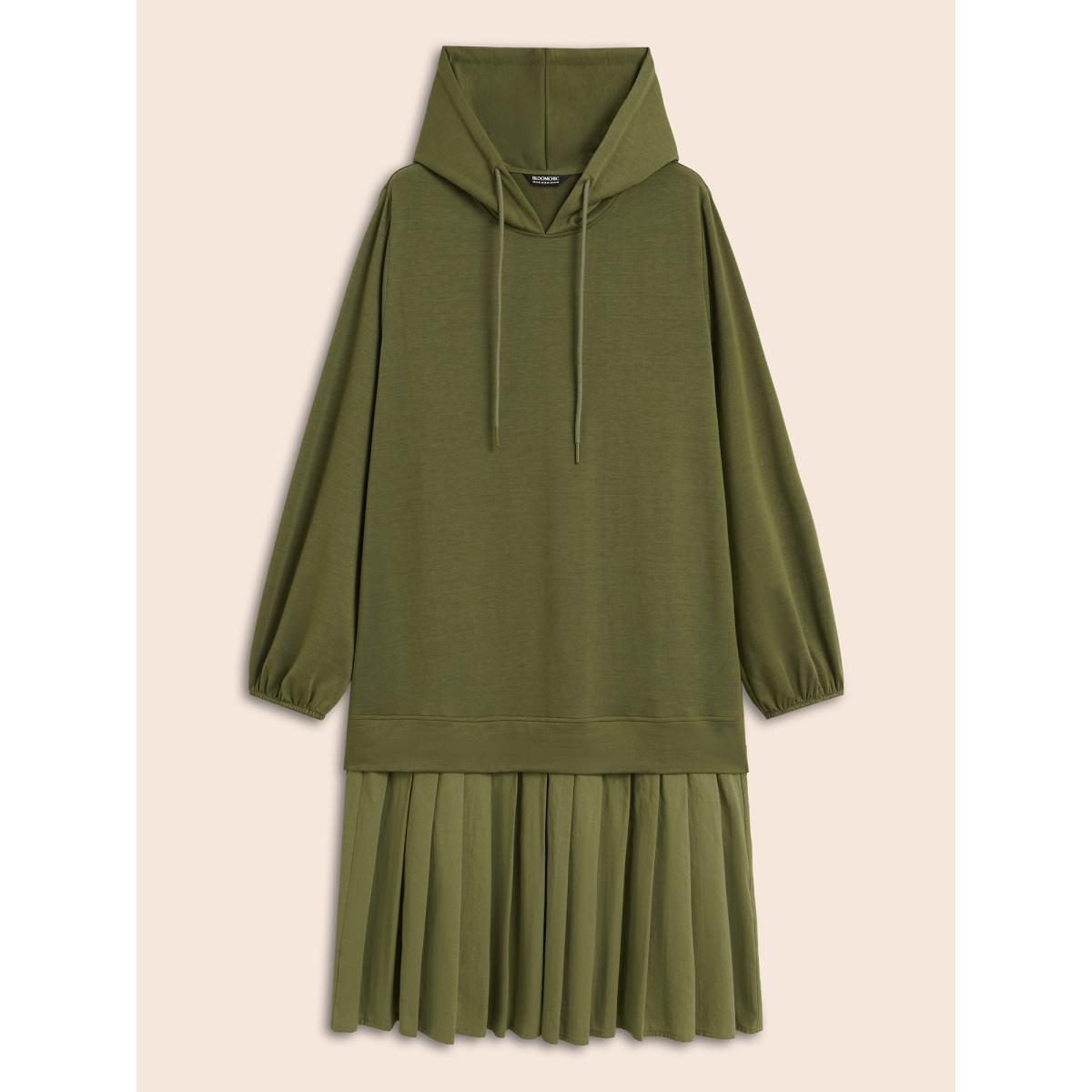 Plus Size Patchwork Pleated Hooded Drawstring Dress ArmyGreen Women Casual Pleated Hooded Long Sleeve Curvy BloomChic 30/6X Product Image