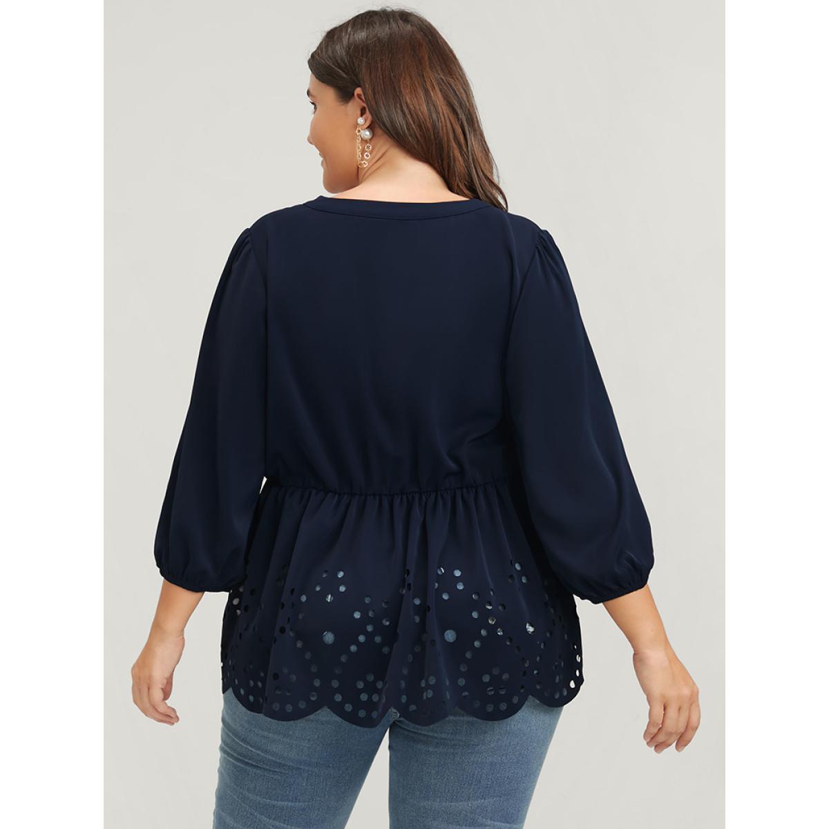 Plus Size DarkBlue Solid Cut Out Ruffles Button Lantern Sleeve Blouse Women Office Elbow-length sleeve V-neck Work Blouses BloomChic 28/5X Product Image