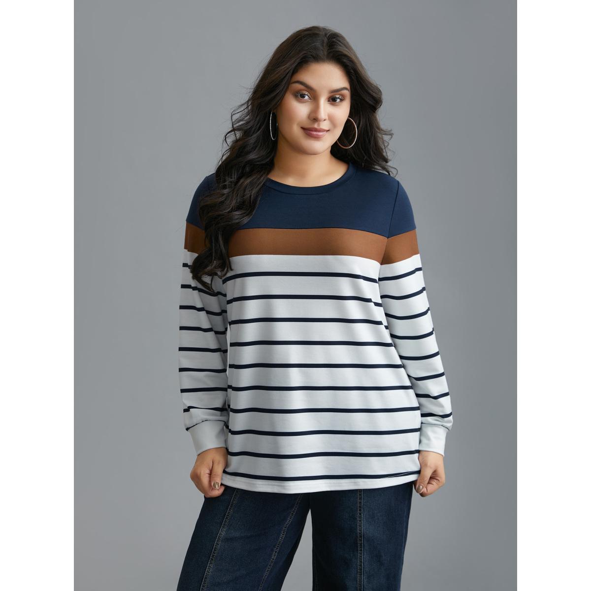 Plus Size Striped Contrast Round Neck Sweatshirt Women Midnight Casual Contrast Loose Round Neck Everyday Sweatshirts BloomChic 18-20/2X Product Image