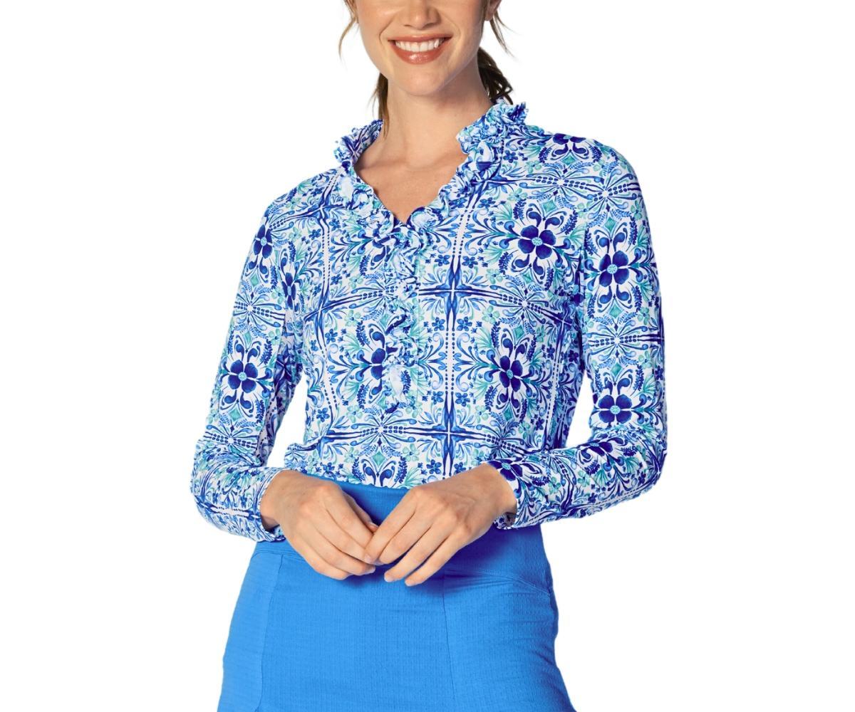 G Lifestyle Clothing Womens Long Sleeve Double Ruffle Top Tile Blue XLarge Product Image