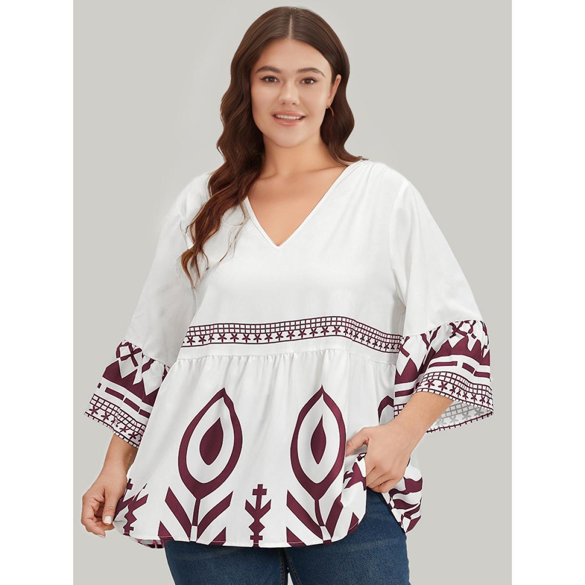 Plus Size Scarlet Silhouette Floral Print Bell Sleeve Ruffle Hem Blouse Women Vacation Elbow-length sleeve V-neck Dailywear Blouses BloomChic 14-16/1X Product Image