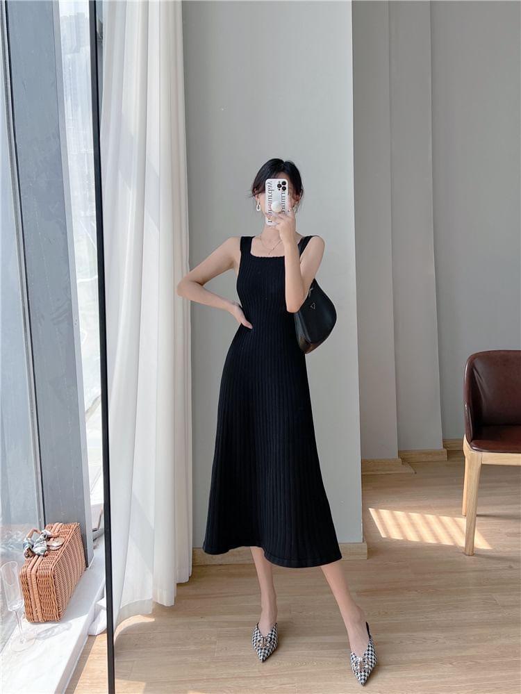 Sleeveless Square Neck Plain Midi A-Line Knit Dress Product Image