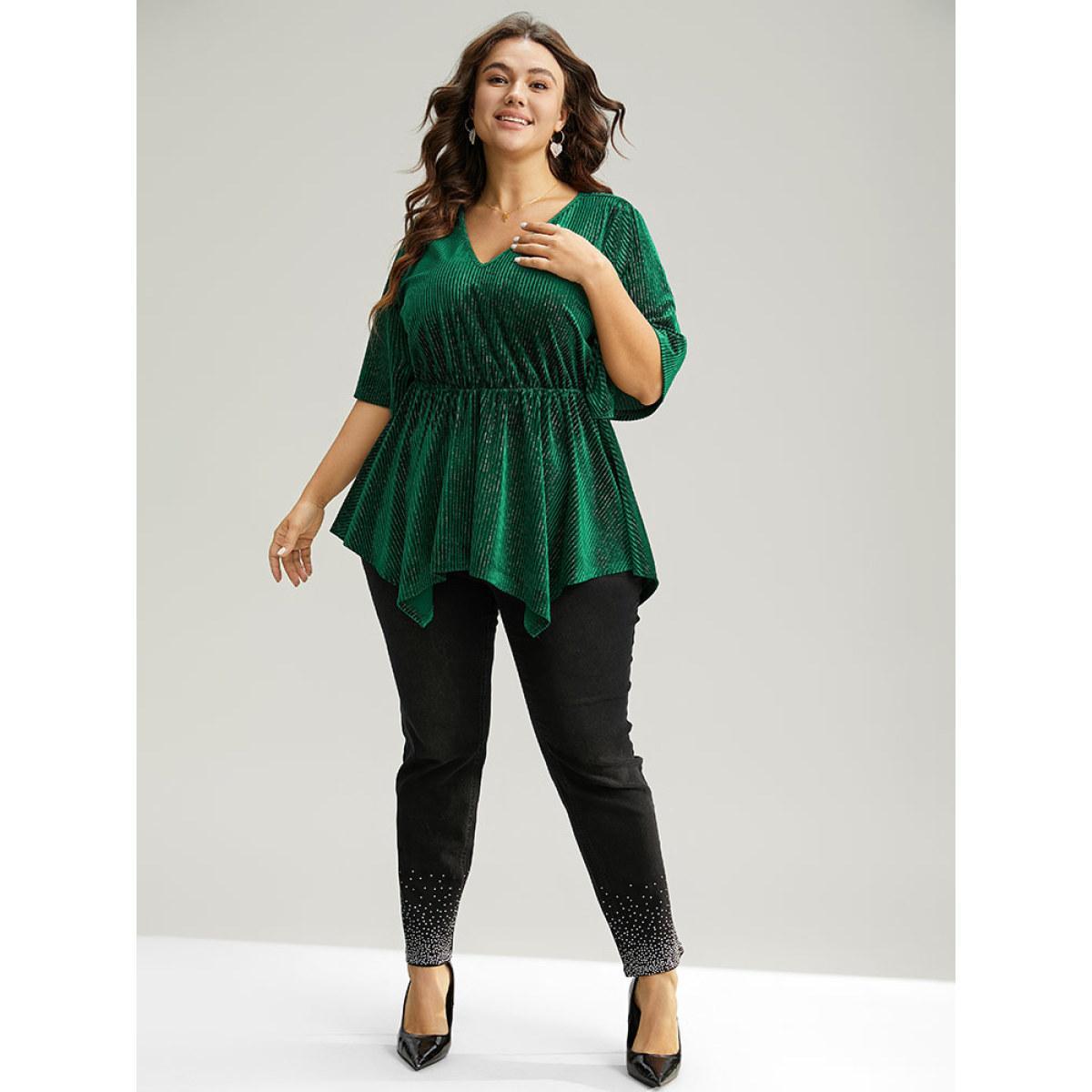 Plus Size DarkGreen Velvet Elastic Waist Ruffle Sleeve Hanky Hem Blouse Women Glamour Short sleeve V-neck Festival-Christmas Blouses BloomChic 10/M Product Image