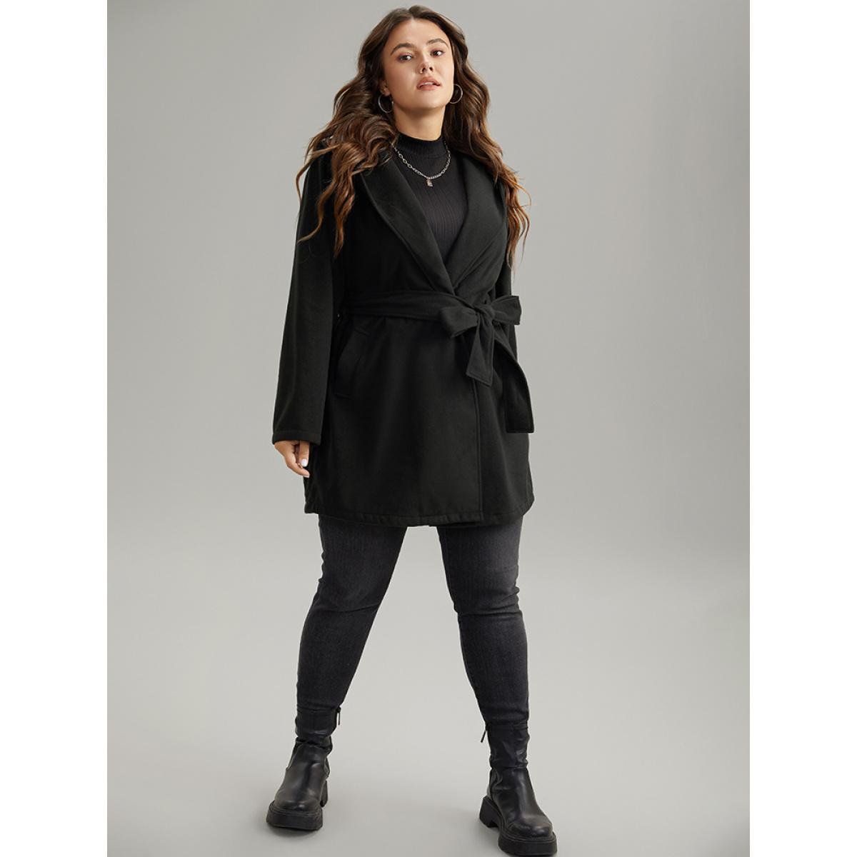 Plus Size Plain Belted Hooded Tunic Pocket Coat Women Black Casual Plain Ladies Dailywear Winter Coats BloomChic 30/6X Product Image