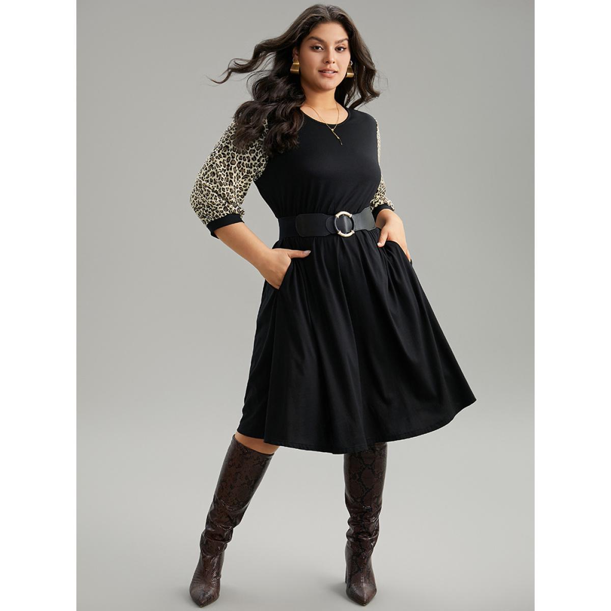 Plus Size Leopard Patchwork Pocket Elastic Waist Dress Black Women Casual Printed Round Neck Elbow-length sleeve Curvy Midi Dress BloomChic 28/5X Product Image