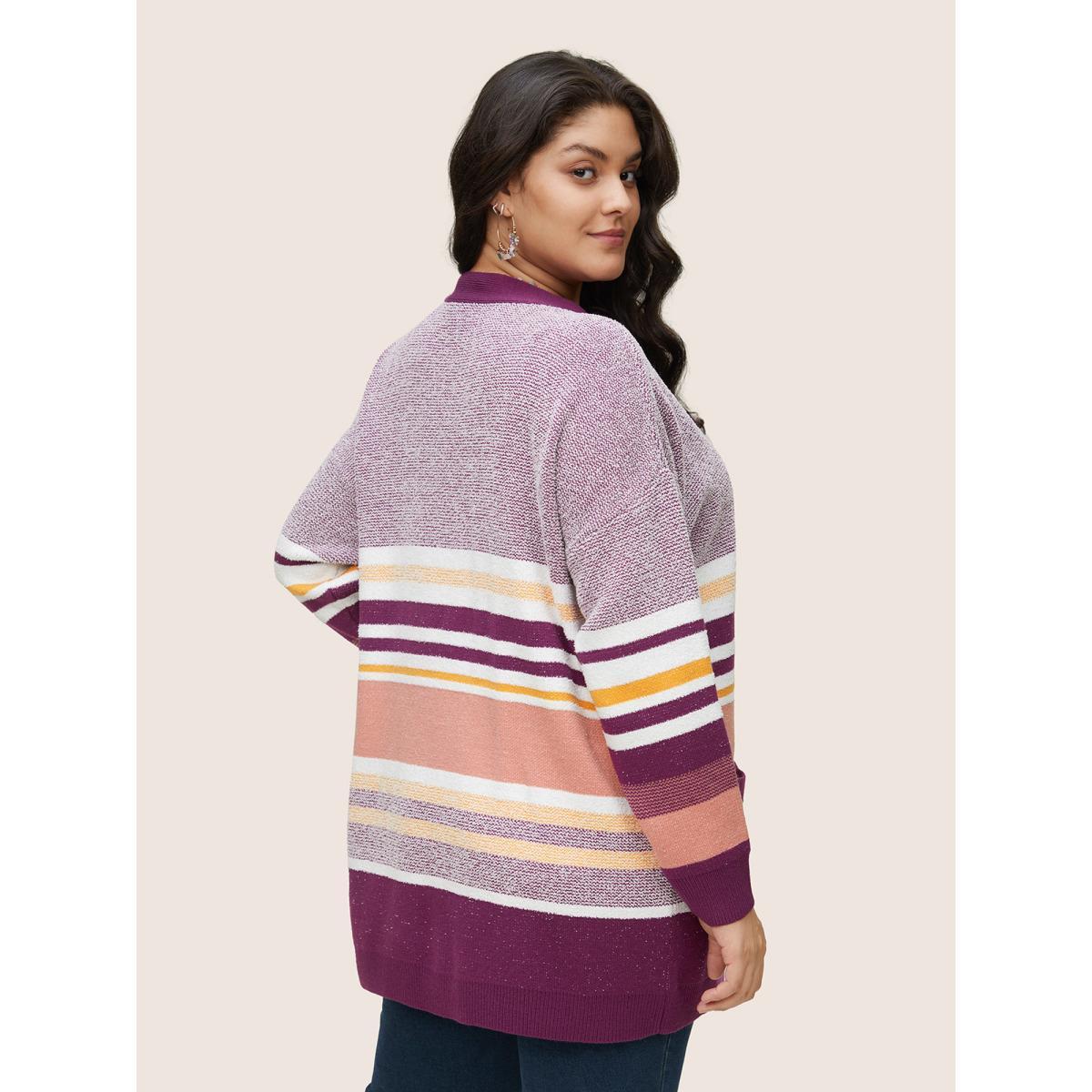 Plus Size Supersoft Essentials Striped Contrast Open Front Cardigan Purple Women Casual Loose Long Sleeve Dailywear Cardigans BloomChic 12/L Product Image