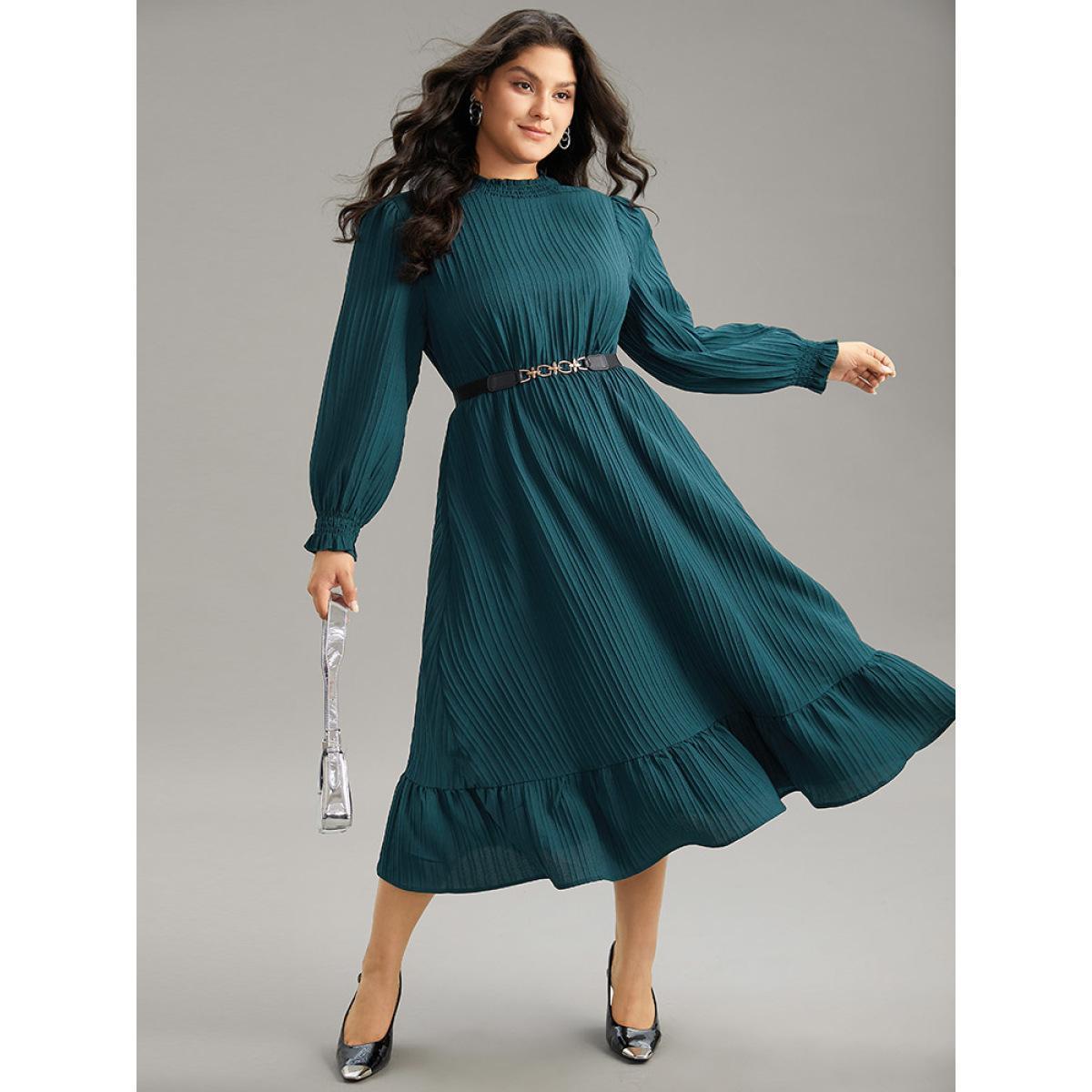 Plus Size Plain Texture Elastic Waist Frill Trim Shirred Dress Emerald Women Office Texture Mock Neck Long Sleeve Curvy Midi Dress BloomChic 18-20/2X Product Image