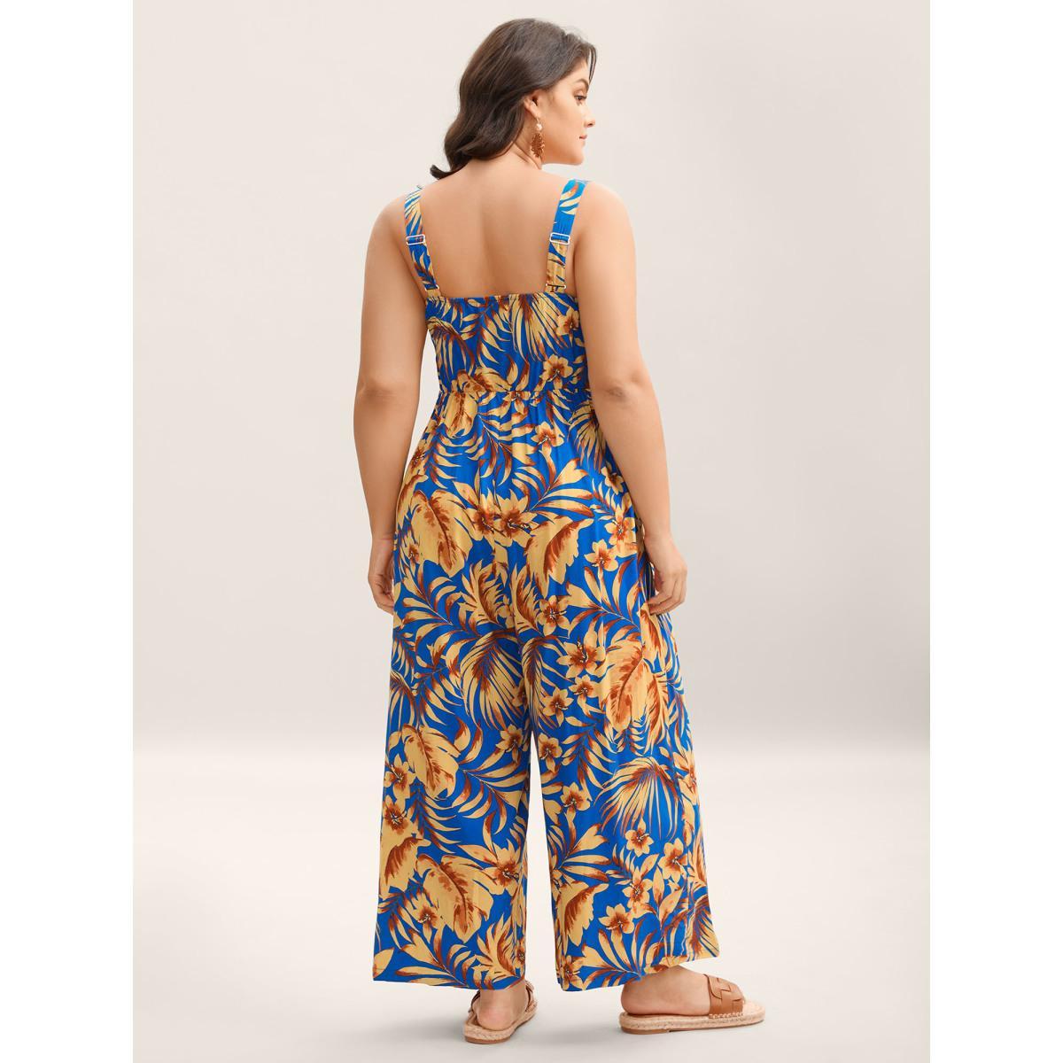 Plus Size Mediumblue Tropical Floral Print Pockets Jumpsuit Women Sleeveless Non Vacation Loose Jumpsuits BloomChic 18-20/2X Product Image