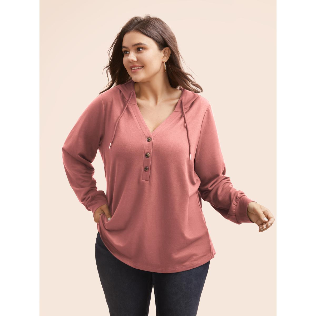 Plus Size Plain Button Up Drawstring Hooded Sweatshirt Women DustyPink Casual Elastic cuffs Hooded Dailywear Sweatshirts BloomChic 18-20/2X Product Image