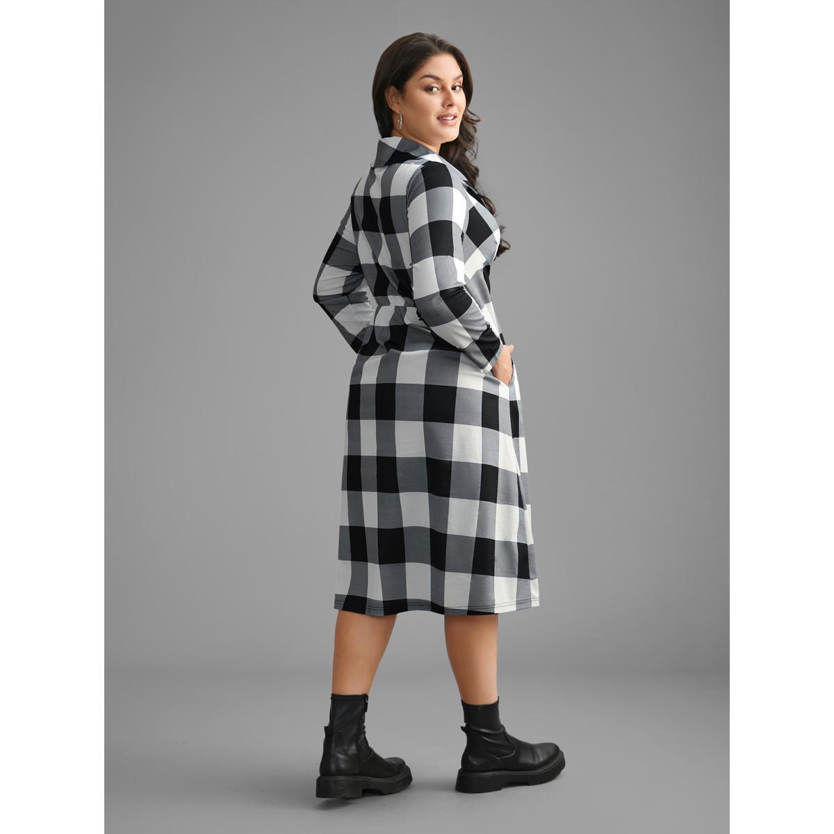 Plus Size Plaid Ruffled Collar Pocket Midi Dress Black Women Casual Non Ruffled collar Long Sleeve Curvy BloomChic 18-20/2X Product Image