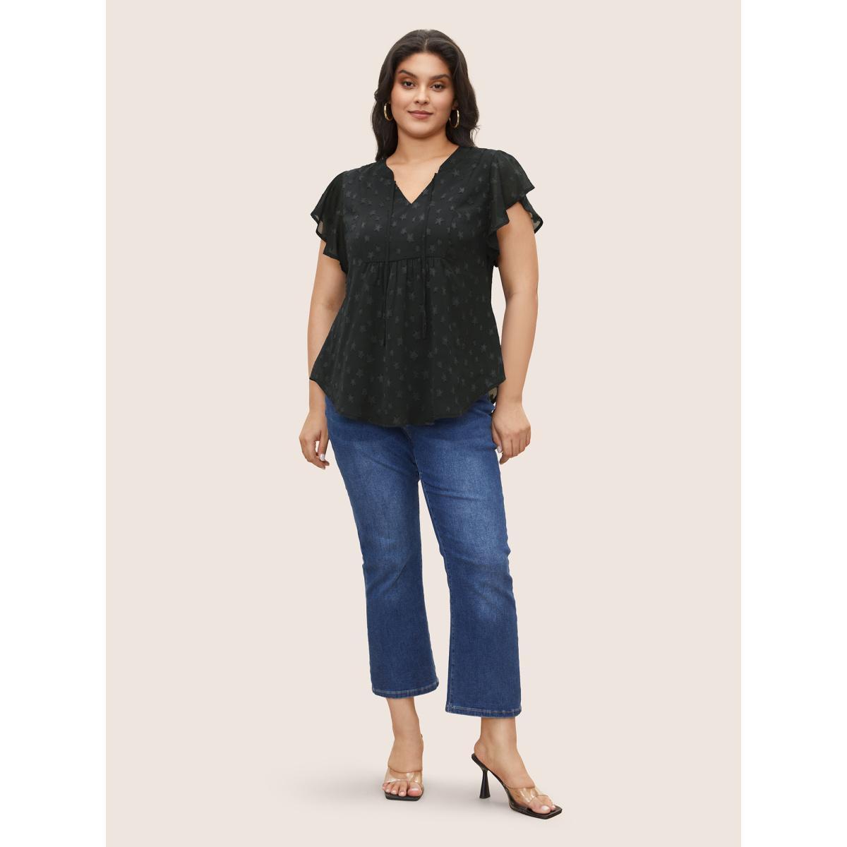 Plus Size Indigo Star Mesh Gathered Ruffle Sleeve Blouse Women Elegant Cap Sleeve V-neck Everyday Blouses BloomChic 22-24/3X Product Image
