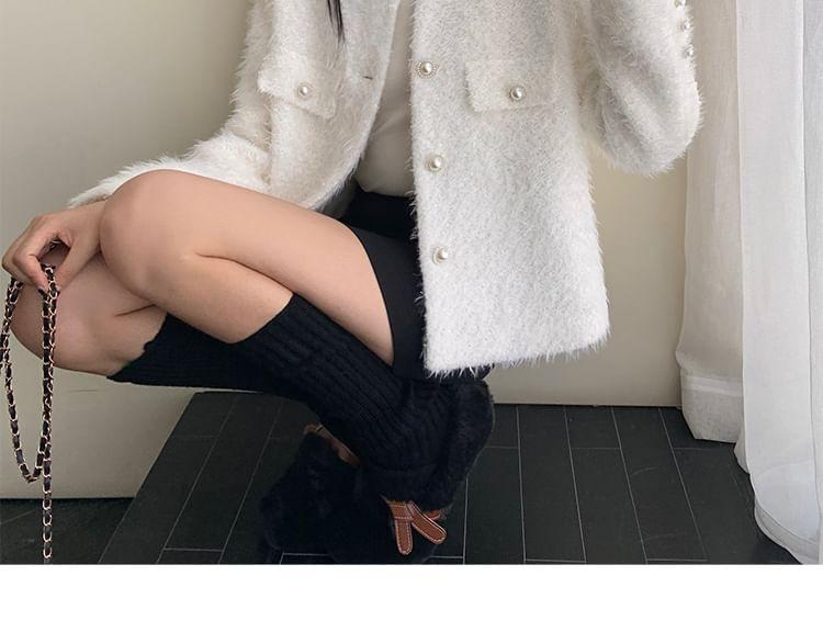 Round Neck Plain Beaded Faux Pearl Button Jacket Product Image