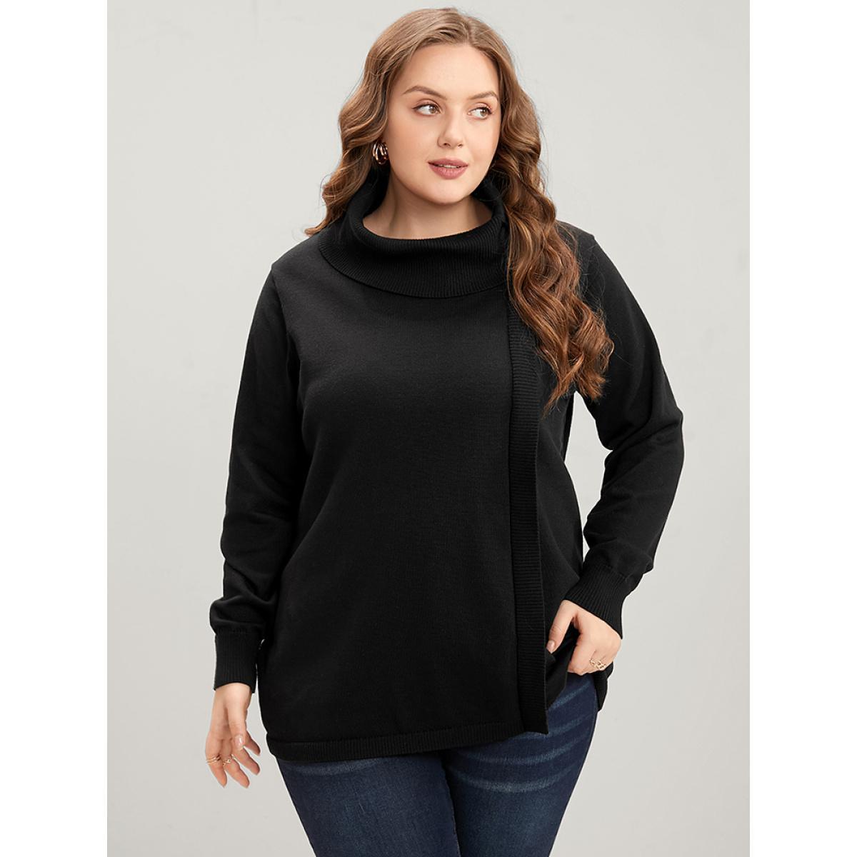 Plus Size Solid Super Soft Knit Tie Funnel Neck Knit Top Black Women Elegant Long Sleeve Turtleneck Dailywear Pullovers BloomChic 26/4X Product Image