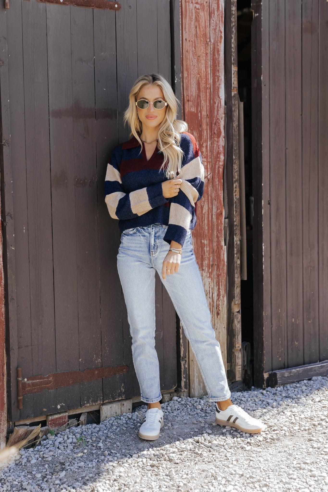 Burgundy Multi Striped Pullover Sweater - FINAL SALE Product Image