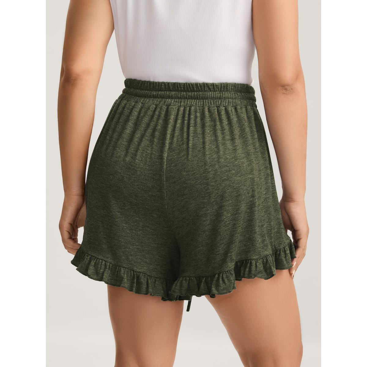 Plus Size Supersoft Mixed Color Knit Drawstring Ruffled Shorts Women ArmyGreen Casual Drawstring Wide Leg Everyday-Casual Shorts BloomChic 26/4X Product Image