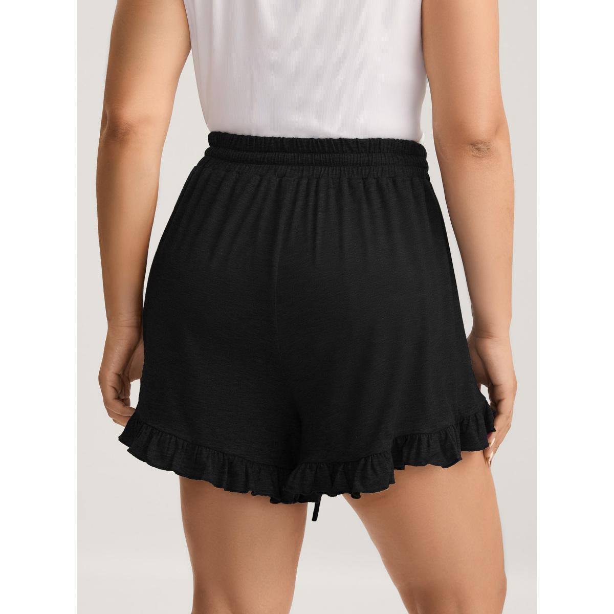Plus Size Supersoft Mixed Color Knit Drawstring Ruffled Shorts Women Black Casual Drawstring Wide Leg Everyday-Casual Shorts BloomChic 26/4X Product Image