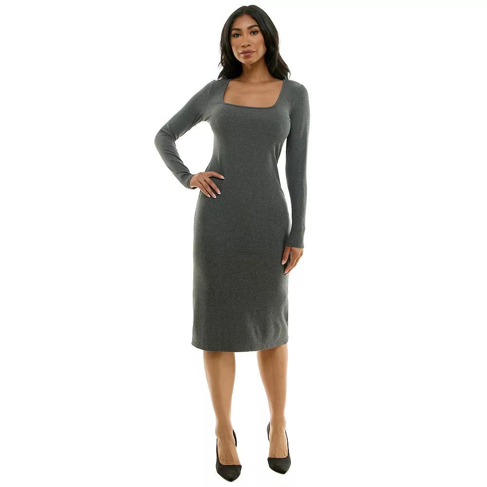 Women's bebe Square Neck Long Sleeve Ribbed Midi Dress, Size: Medium, Grey Product Image