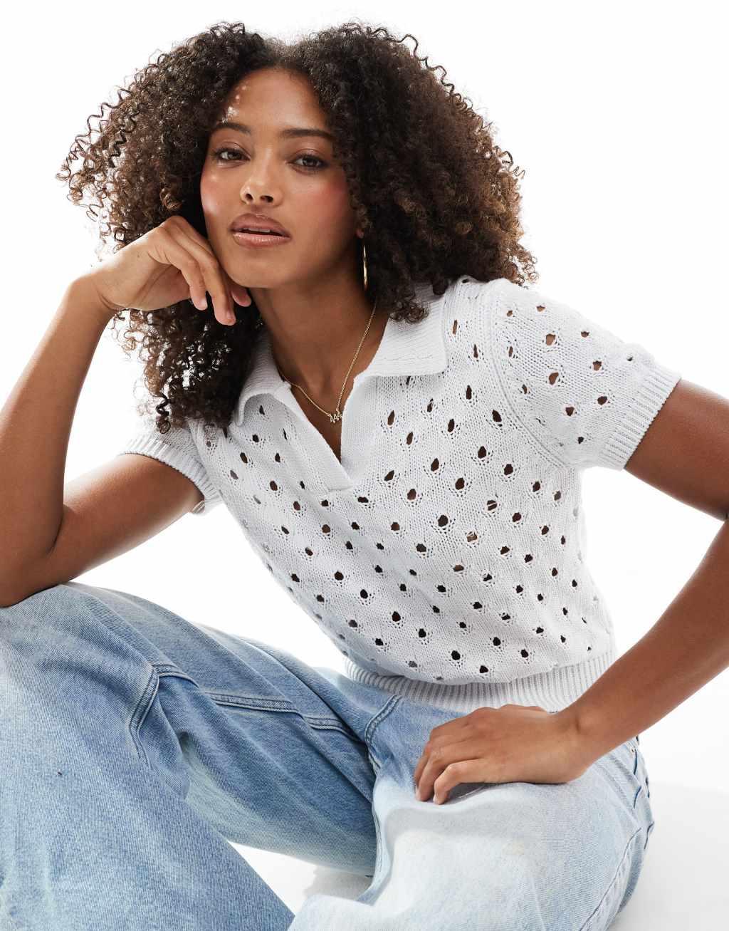 ASOS DESIGN knit short sleeve polo shirt with stitch detail in optic white Product Image