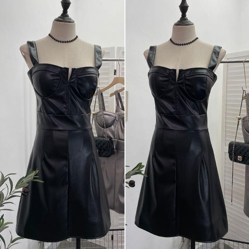 Faux Leather Plain Mini A-Line Dungaree Dress Product Image