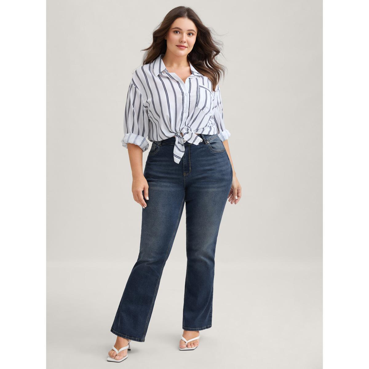 Plus Size Bootcut Very Stretchy Mid Rise Medium Wash Sculpt Waist Jeans Women Blue Elegant Plain Non High stretch Slanted pocket Jeans BloomChic 14/1X Product Image
