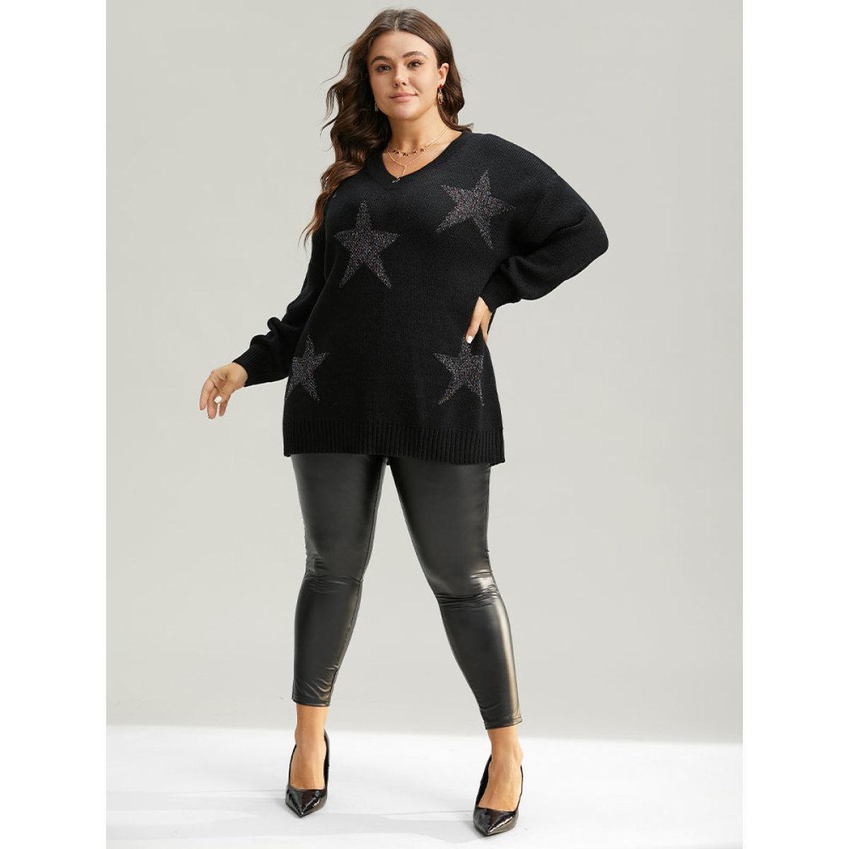Plus Size V Neck Plain Star Luxe Pullover Black Women Casual Loose Long Sleeve V-neck Dailywear Pullovers BloomChic 18-20/2X Product Image