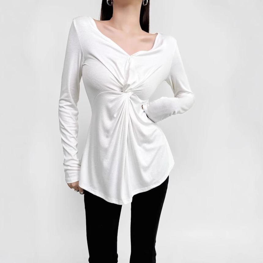 Long-Sleeve V-Neck Twist Drawstring Long T-Shirt Product Image