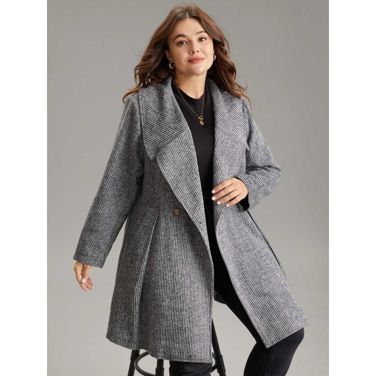 Plus Size Tweed Lapel Collar Double Breasted Plicated Detail Coat Women DimGray Casual Texture Ladies Dailywear Winter Coats BloomChic 26/4X Product Image