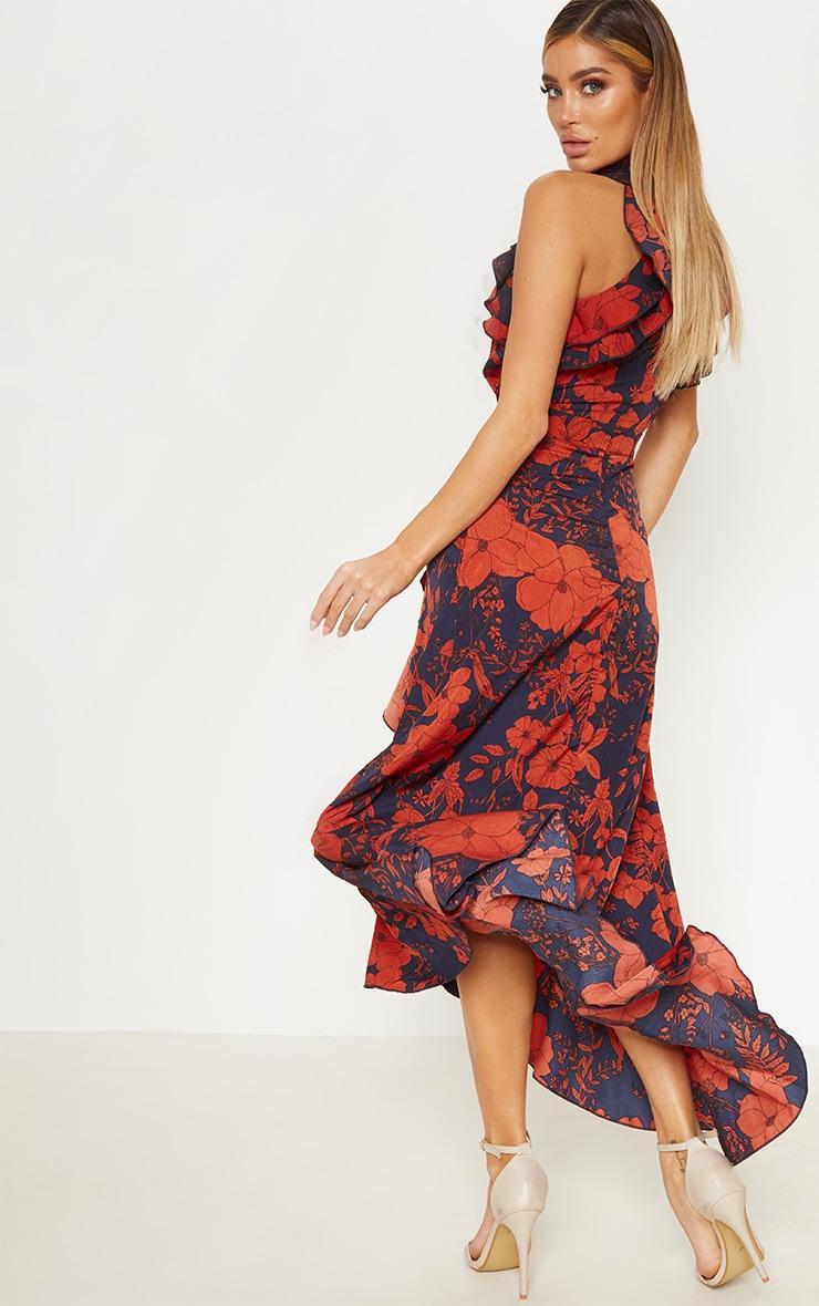 Navy Floral Print Frill Detail Wrap Maxi Dress Product Image
