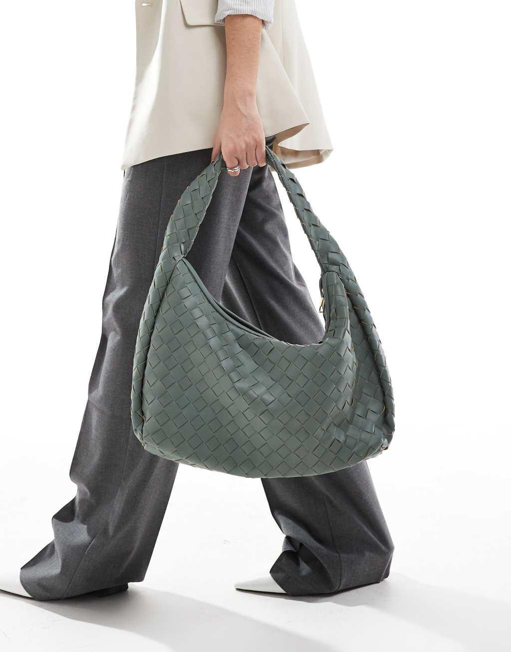 Glamorous oversized woven shoulder bag in olive green Product Image