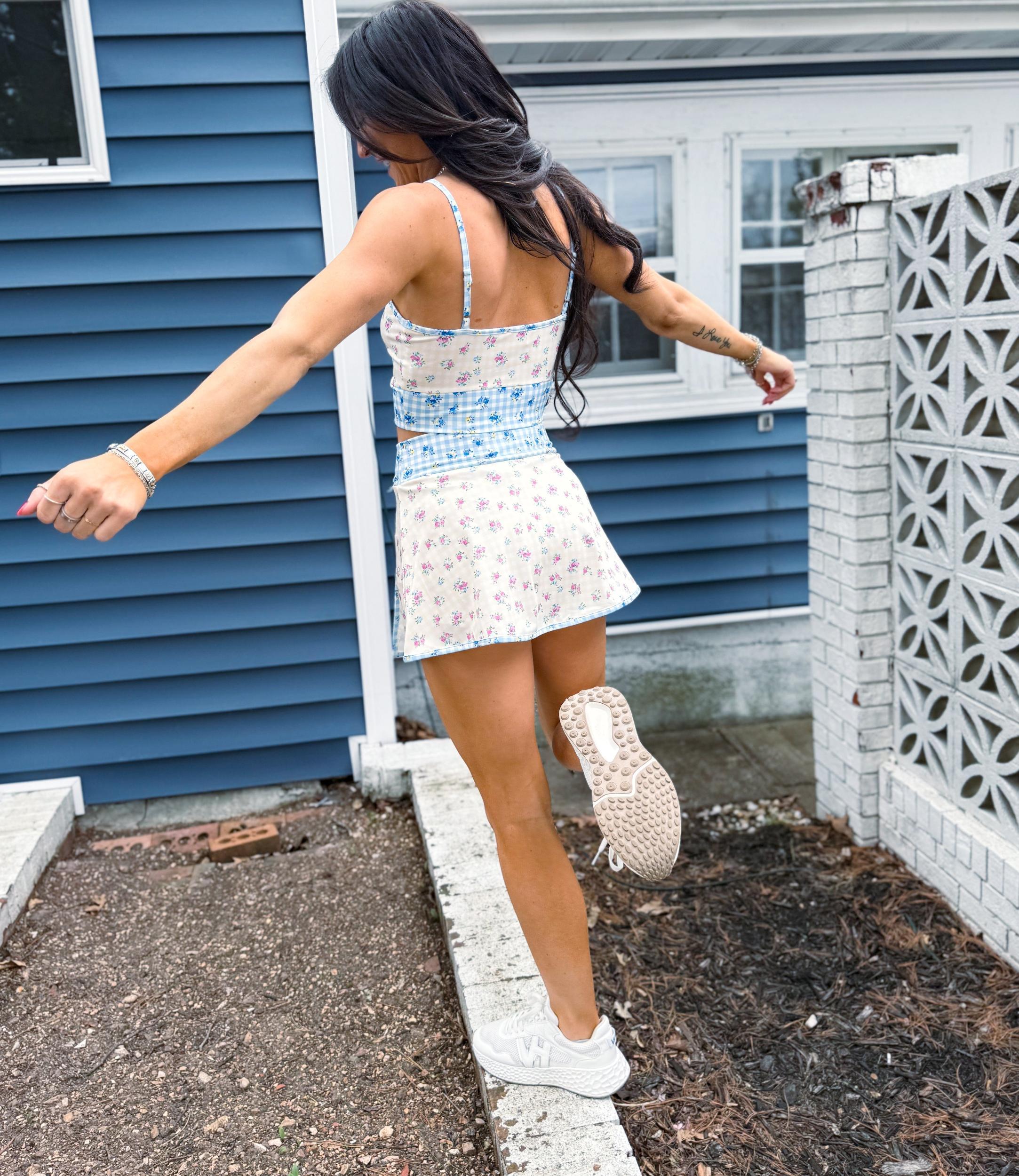 Gingham Floral Print Patchwork Sporty Mini Skort Product Image
